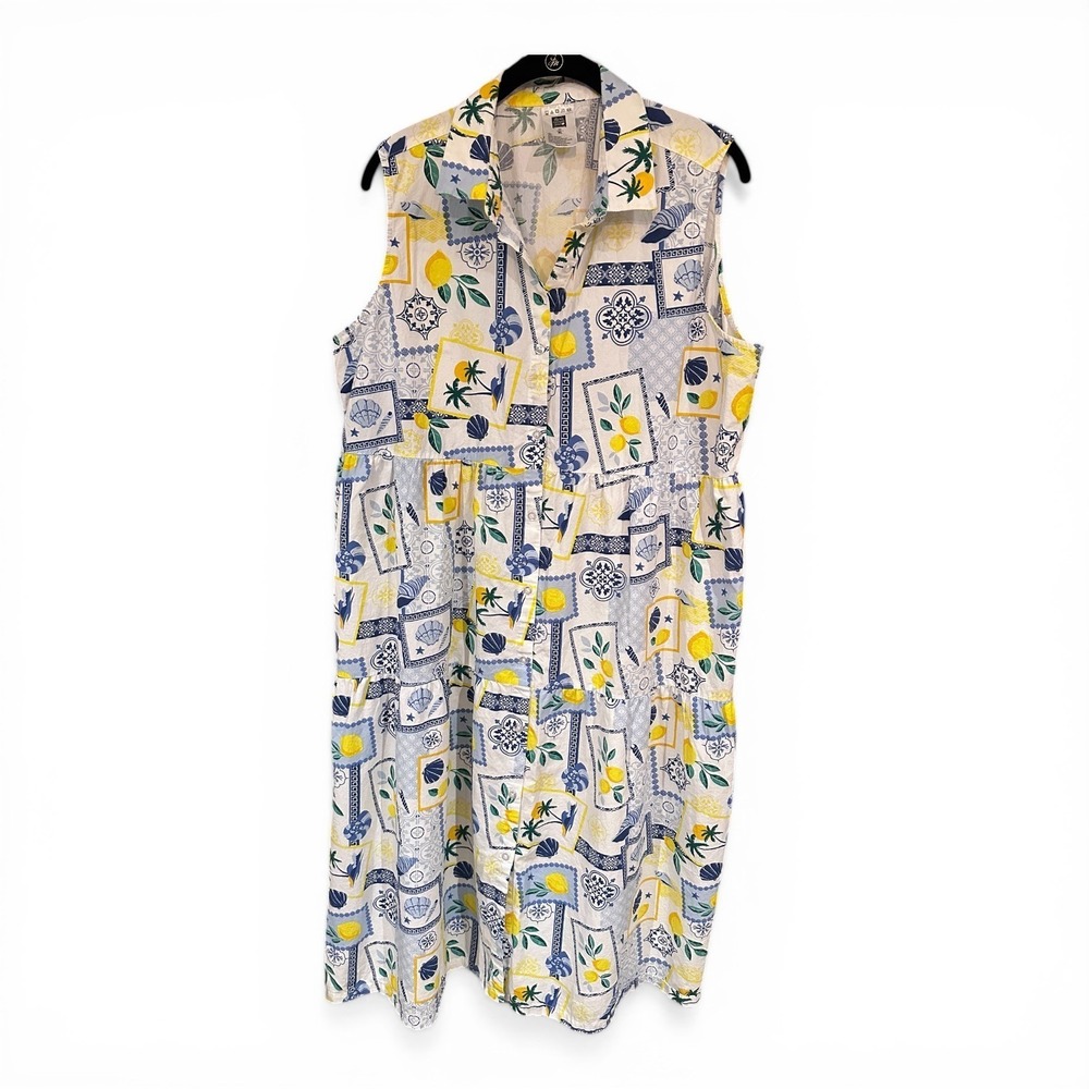 Lemon Print Tiered Maxi Dress XL Coastal Cotton Sleeveless Button Front